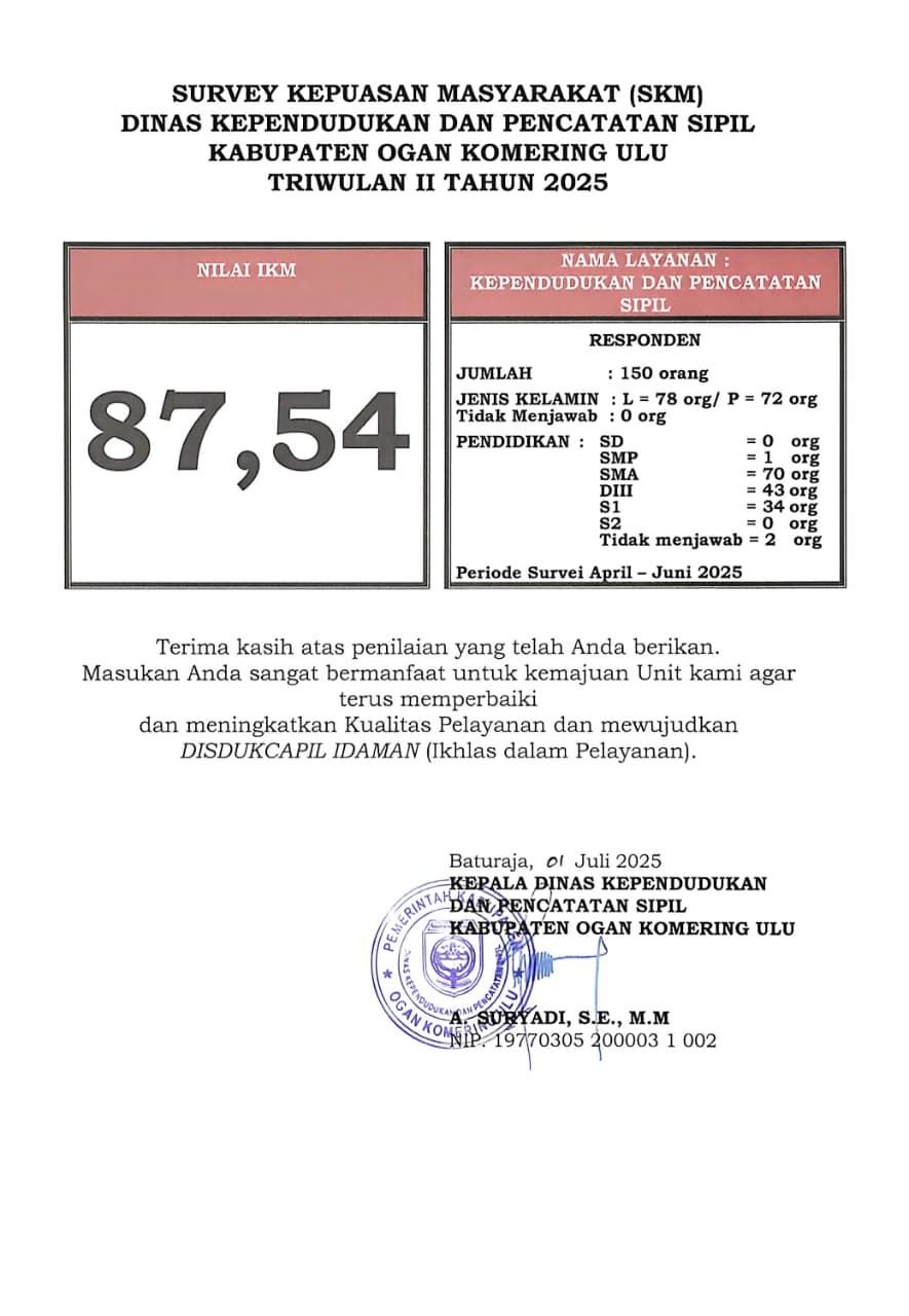 SKM DINAS KEPENDUDUKAN DAN PECATATAN SIPIL OGAN KOMERING ULU TRIWULAN II TAHUN 2025