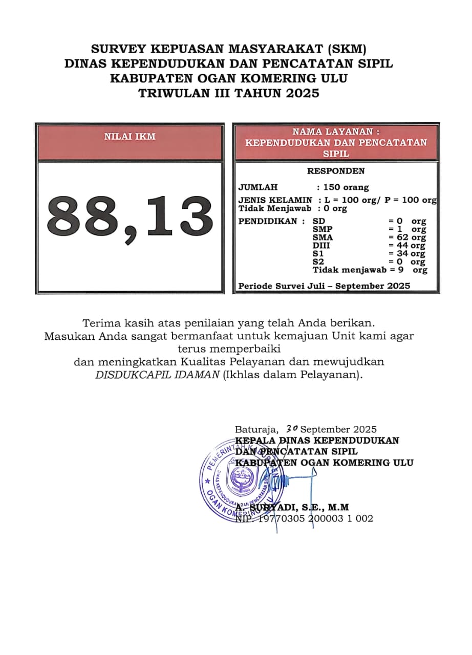 SKM DINAS KEPENDUDUKAN DAN PECATATAN SIPIL OGAN KOMERING ULU TRIWULAN III TAHUN 2025