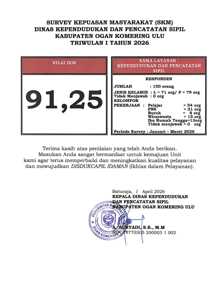 SKM DINAS KEPENDUDUKAN DAN PECATATAN SIPIL OGAN KOMERING ULU TRIWULAN I TAHUN 2026